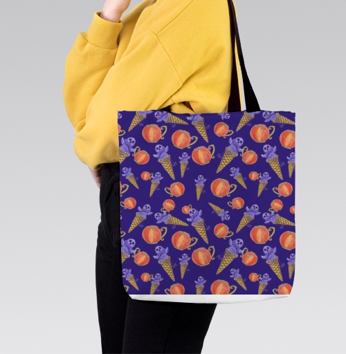 Фотография футболки Halloween Holiday Pumpkin Pattern Темно Фиолетовый Оранжевый Морозное Сладкое
