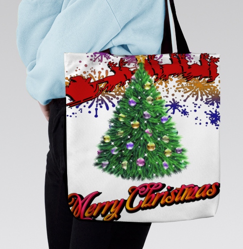 Фотография футболки Яркая новогодняя елка с оленями и Merry Christmas надписью