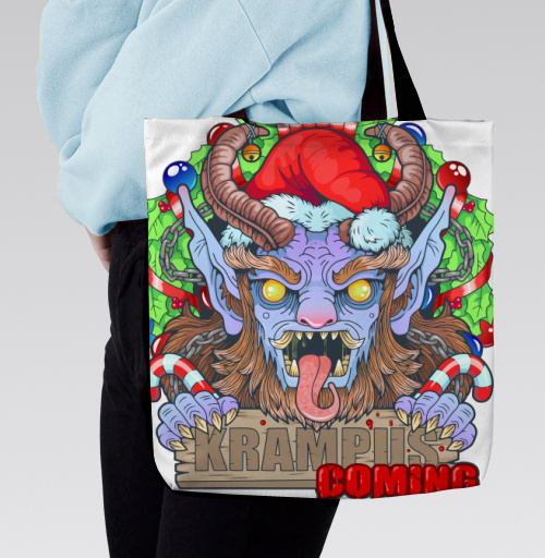 Фотография футболки Яркий принт Крампус с надписью «KRAMPUS IS COMING»