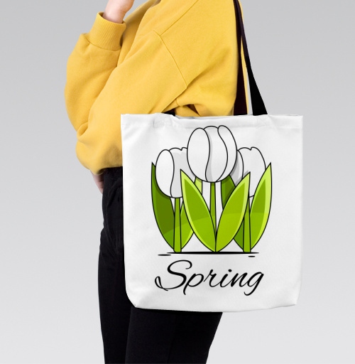 Фотография футболки Белые тюльпаны и зелёные листья весна надпись Spring