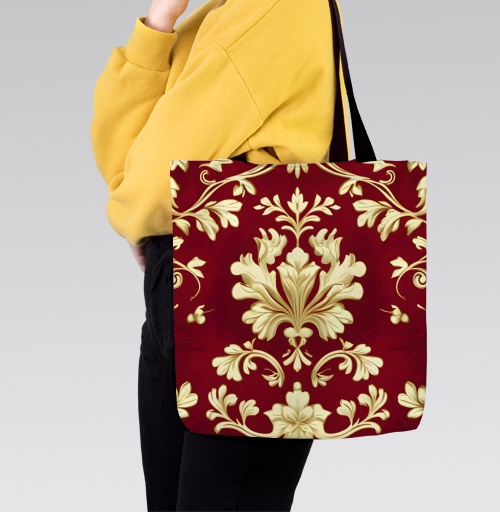Фотография футболки Золотой дамасский узор на темном бордовом фоне Golden damask pattern