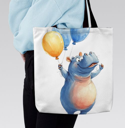 Фотография футболки Watercolor Blue Hippo with Balloons / Акварельный бегемот с шариками