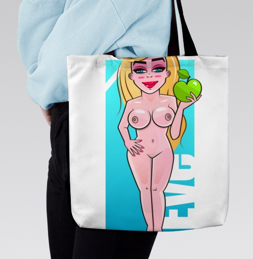 Фотография футболки Nude Eve Apple / Красивая блондинка с сочным зеленым яблоком Ева Искушение Сад