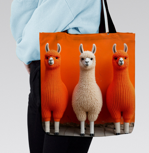 Фотография футболки Llamas in orange sweaters / Ламы в ярких свитерах у оранжевой стены