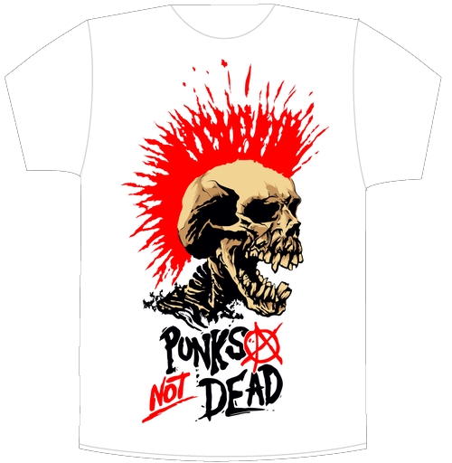 Фотография футболки Агрессивный череп с красным ирокезом «Punks Not Dead»