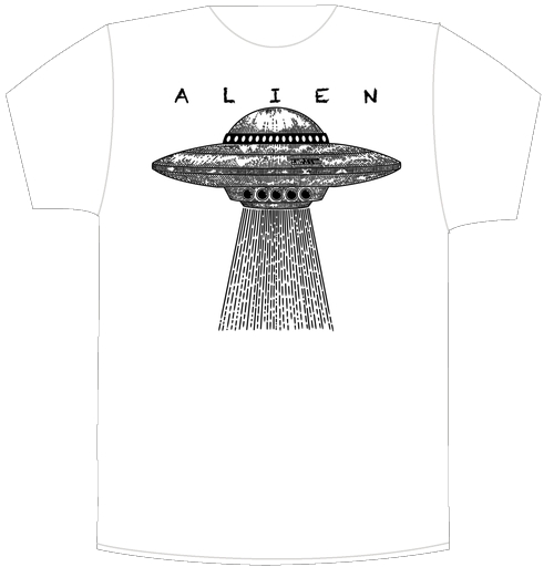 Фотография футболки Винтажный НЛО с лучом света и надписью ALIEN