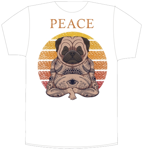 Фотография футболки Мопс в позе лотоса с тату PEACE