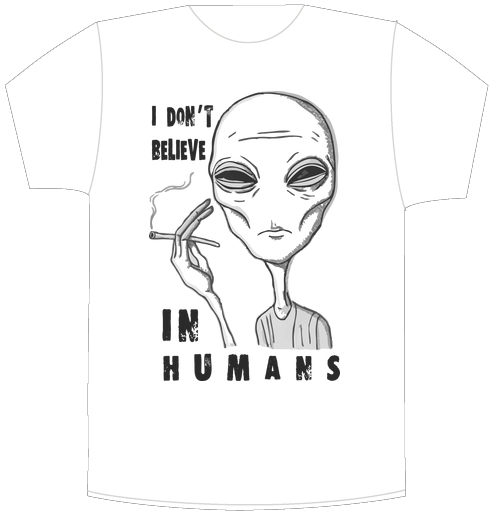 Фотография футболки Футболка «I DON’T BELIEVE IN HUMANS» с графикой пришельца