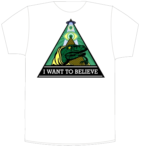 Фотография футболки Велоцираптор Иллюминат с Надписью I WANT TO BELIEVE