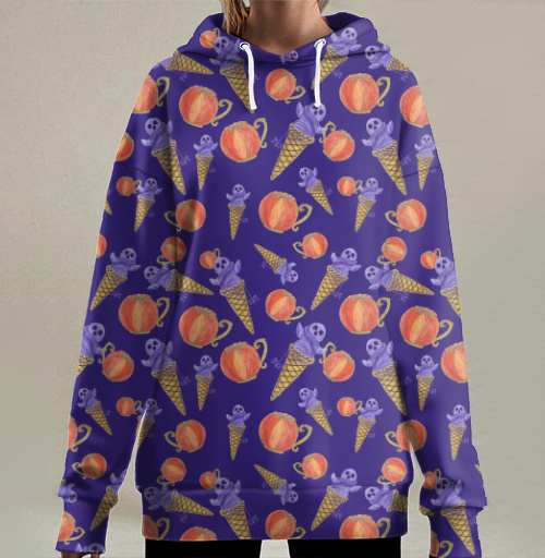 Фотография футболки Halloween Holiday Pumpkin Pattern Темно Фиолетовый Оранжевый Морозное Сладкое
