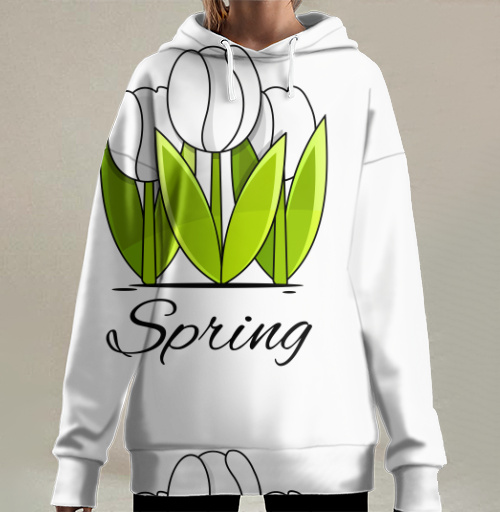 Фотография футболки Белые тюльпаны и зелёные листья весна надпись Spring