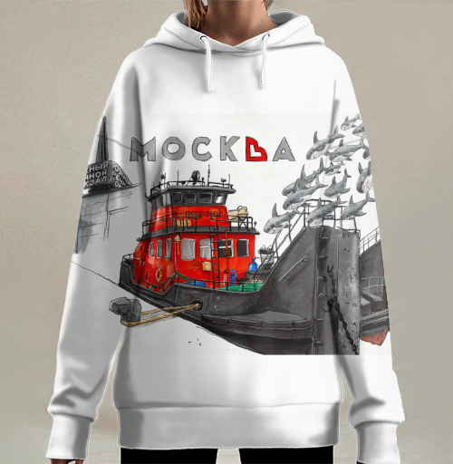 Фотография футболки Red Harbor Tugboat Moscow - Красный портовый буксир Москва у Южного речного вокзала