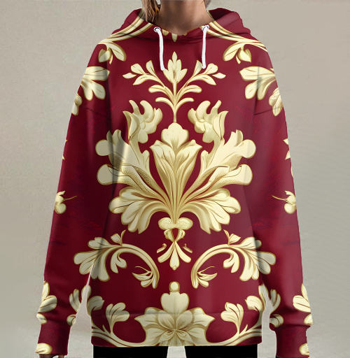 Фотография футболки Золотой дамасский узор на темном бордовом фоне Golden damask pattern