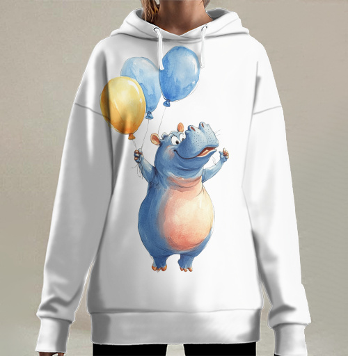 Фотография футболки Watercolor Blue Hippo with Balloons / Акварельный бегемот с шариками