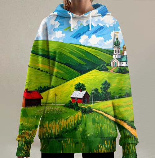 Фотография футболки Village Summer Landscape - Летний сельский пейзаж с золотыми куполами церкви