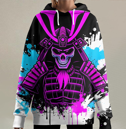 Фотография футболки Neon Cyber Samurai Warrior / Самурай Череп в ярких брызгах краски