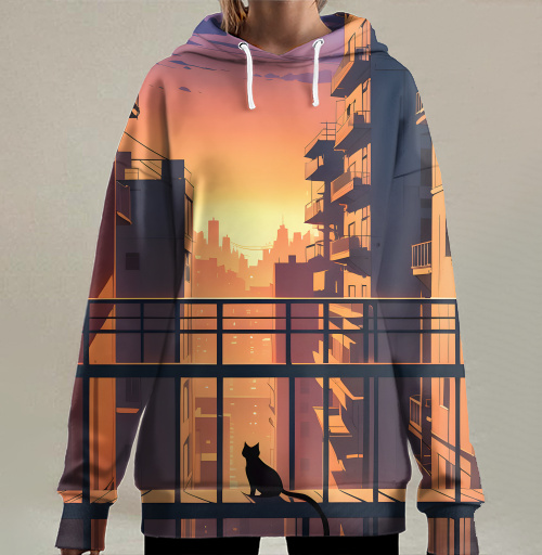 Фотография футболки Silhouette Cat Watching City Sunset Силуэт кота смотрящего на закат города