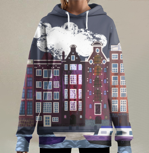 Фотография футболки Вечерние дома Амстердама Amsterdam houses на фоне ночного города