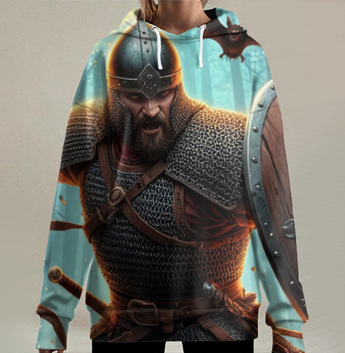 Фотография футболки Viking / Викинг - Яростный викинг с пылающим мечом и щитом воин северная битва