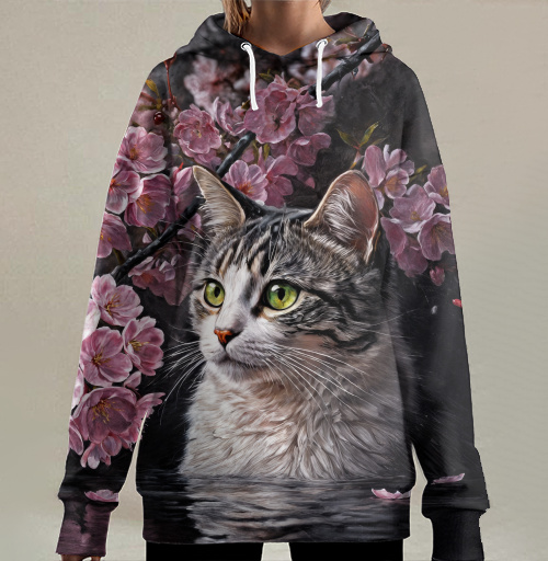 Фотография футболки Cat in sakura – Полосатый кот среди розовых лепестков Кот сакура вишня