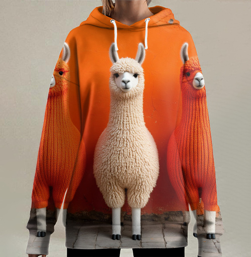 Фотография футболки Llamas in orange sweaters / Ламы в ярких свитерах у оранжевой стены