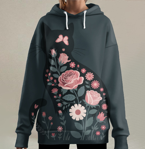 Фотография футболки Изящный грациозный силуэт черного кота в розах Floral cat rose