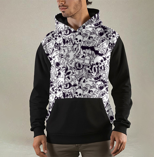 Фотография футболки Серия Хэллоуин, черепа и кости, черный и белый