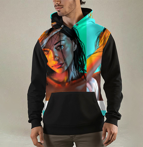 Фотография футболки Женский портрет контраст света теплые тона ярко-голубой фоне