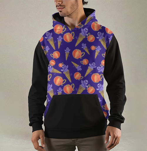 Фотография футболки Halloween Holiday Pumpkin Pattern Темно Фиолетовый Оранжевый Морозное Сладкое