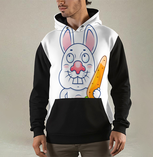 Фотография футболки Весёлый белый кролик с морковкой на сером фоне