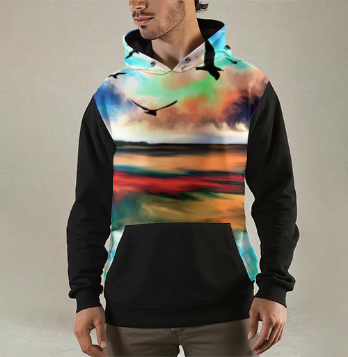 Фотография футболки Свободный полет птиц на фоне красочного заката над озером