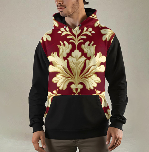 Фотография футболки Золотой дамасский узор на темном бордовом фоне Golden damask pattern