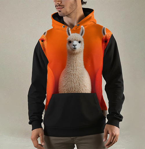 Фотография футболки Llamas in orange sweaters / Ламы в ярких свитерах у оранжевой стены