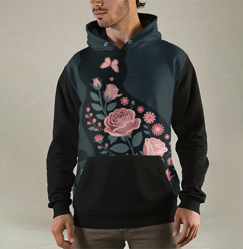 Фотография футболки Изящный грациозный силуэт черного кота в розах Floral cat rose