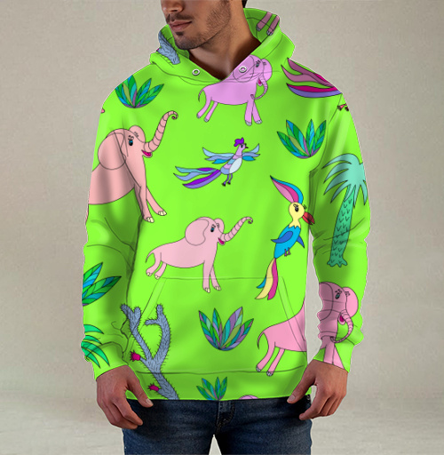 Фотография футболки Розовые слоны птицы пальмы на салатовом фоне