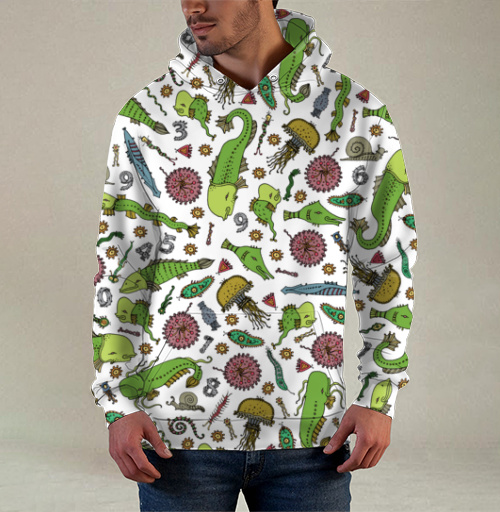 Фотография футболки Микроскопические зеленые существа с яркими цветочными элементами живые краски
