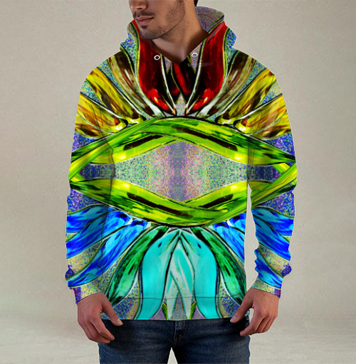 Фотография футболки Яркие цветы зелёные красные синие последние слова