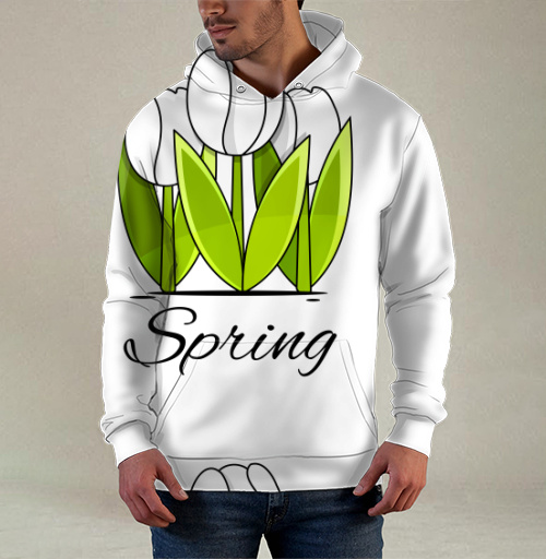 Фотография футболки Белые тюльпаны и зелёные листья весна надпись Spring