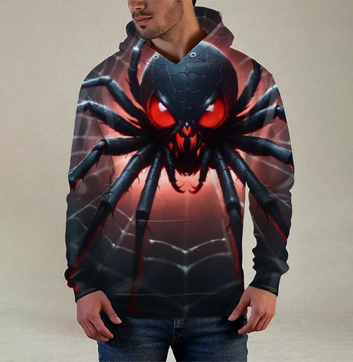 Фотография футболки Жуткий мультяшный паук на паутине контрастный красный черный