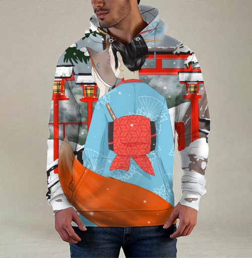 Фотография футболки Девушка-кицунэ в кимоно на снегу в храме