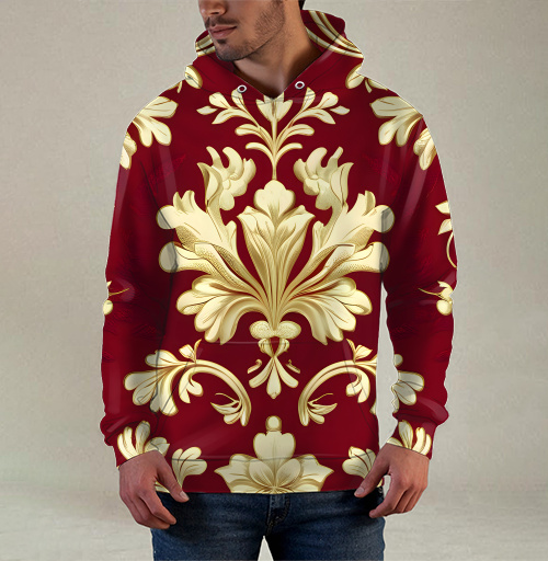 Фотография футболки Золотой дамасский узор на темном бордовом фоне Golden damask pattern