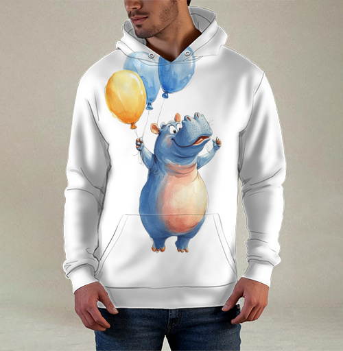 Фотография футболки Watercolor Blue Hippo with Balloons / Акварельный бегемот с шариками
