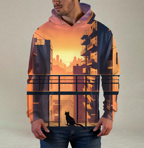 Фотография футболки Silhouette Cat Watching City Sunset Силуэт кота смотрящего на закат города