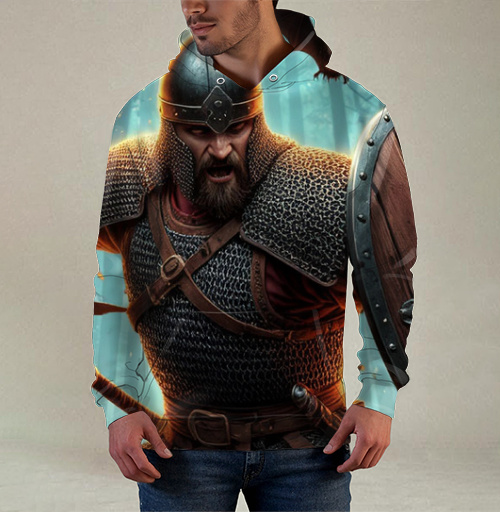Фотография футболки Viking / Викинг - Яростный викинг с пылающим мечом и щитом воин северная битва