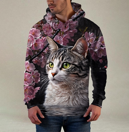 Фотография футболки Cat in sakura – Полосатый кот среди розовых лепестков Кот сакура вишня