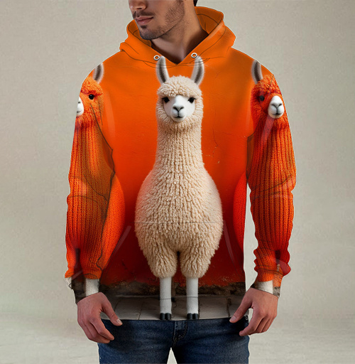 Фотография футболки Llamas in orange sweaters / Ламы в ярких свитерах у оранжевой стены