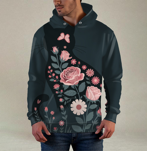Фотография футболки Изящный грациозный силуэт черного кота в розах Floral cat rose