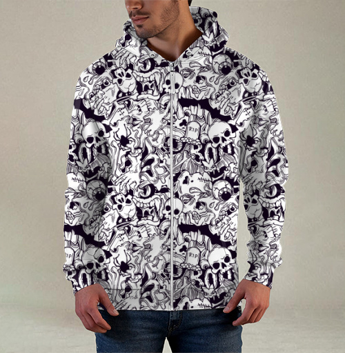 Фотография футболки Серия Хэллоуин, черепа и кости, черный и белый