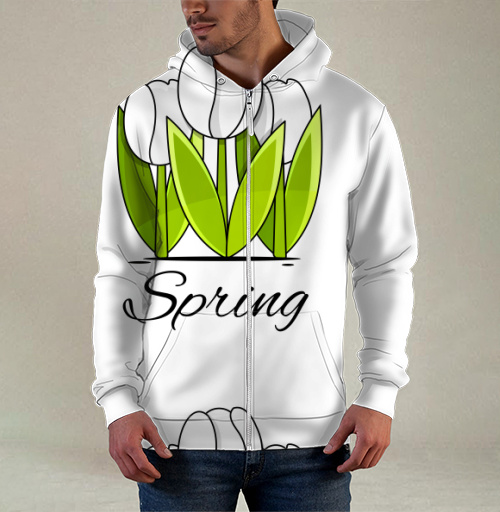 Фотография футболки Белые тюльпаны и зелёные листья весна надпись Spring