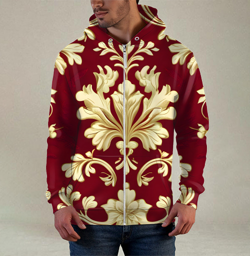 Фотография футболки Золотой дамасский узор на темном бордовом фоне Golden damask pattern